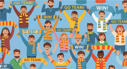Happy crowd of sports fans waving scarves with go team win text vector illustration