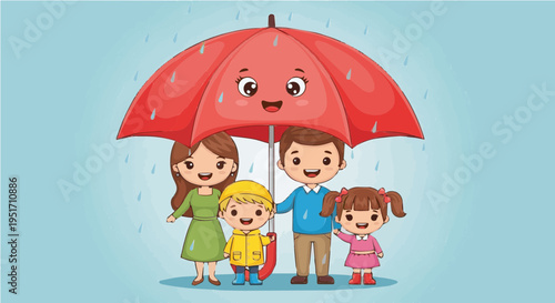 Happy family protected under red umbrella in rain together love concept vector illustration