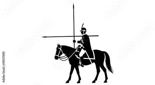 Medieval knight on horseback with armor and lance riding left symbolizing chivalry and bravery in a simple black silhouette vector graphic