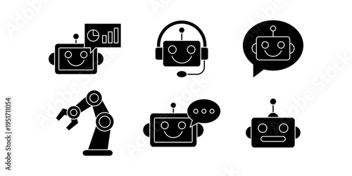 Robot chatbot automation and communication icon set solid style for smart technology concept