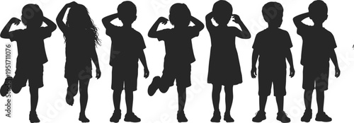 Children silhouette illustration, three kids standing side by side, playful pose with raised arms, lifestyle theme, vector art, black isolated bold design