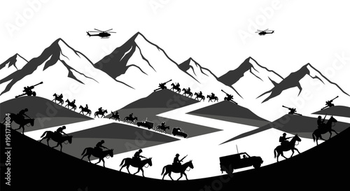 Dramatic black and white illustration of cowboys on horseback helicopters and a truck in a mountainous landscape with a winding road