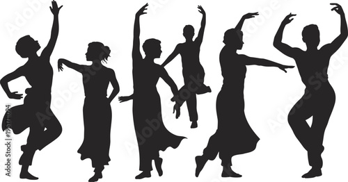 WebSilhouettes of dancers performing, artistic movement, choreography, dance poses, elegance, expression, lifestyle, entertainment, unity, joy, celebration, performance, culture