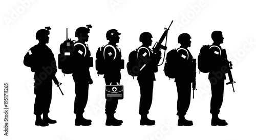 Soldiers standing in formation with various gear and weapons on white background