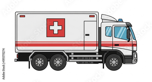White ambulance truck with red cross symbol and stripes.