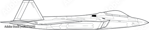 Technical line-art outline of a stealth twin-engine air superiority fighter aircraft in blueprint-style illustration