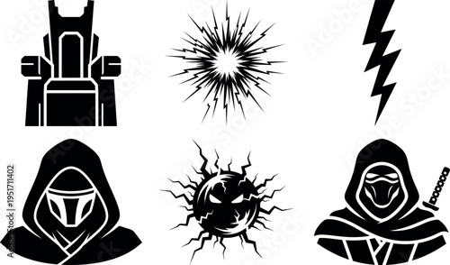 Collection of mysterious fantasy icons with throne explosion and masked figures