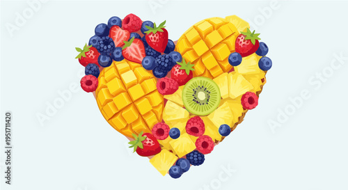 Heart shaped arrangement of fresh fruits mango kiwi berries healthy love vector illustration