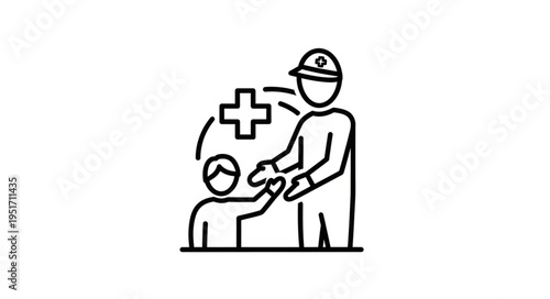 Doctor helping child with medical cross icon.