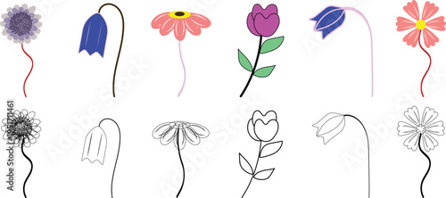 Hand drawn vector set of flowers with leaves and floral design elements for a cute natural spring decoration