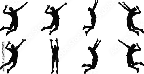 Dynamic silhouettes of people jumping in energetic poses, showcasing human movement, fitness, dance, and expressive body motion