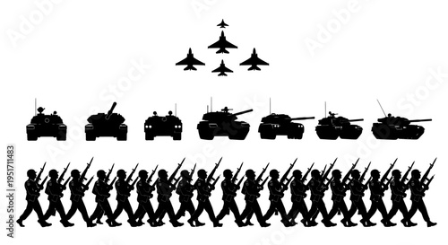 Military forces marching with tanks and fighter jets in formation on white background