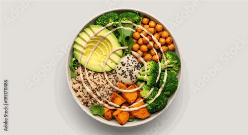 Healthy buddha bowl with avocado chickpeas quinoa and vegetables vector illustration
