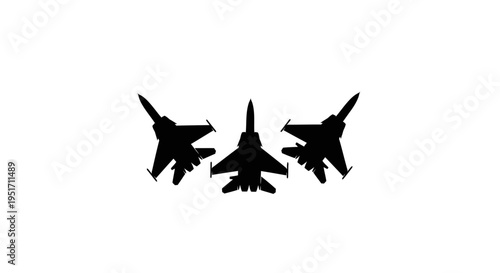 Three black fighter jets flying in formation against a white background symbolizing military aviation and teamwork