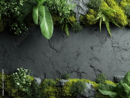 Lush Greenery and Textured Gray Wall Background with Natural Moss and Plants for Design