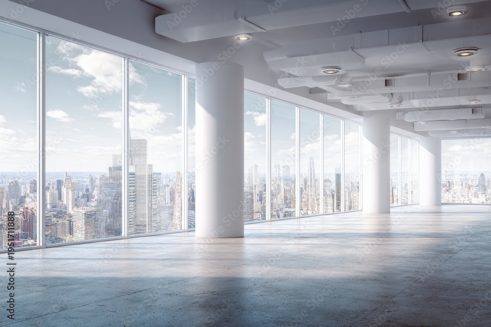 Fototapeta premium Bright Modern Empty Office Interior with City View, Open Space, Corporate Real Estate, and Polished Concrete Floors