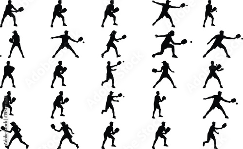 Collection of black silhouettes of men and women playing tennis, captured in dynamic poses, showcasing various serves, volleys, and groundstrokes on a white background.