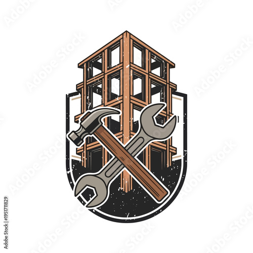 Vintage Construction Logo with Building Structure Frame, Crossed Hammer and Wrench, Repair Tools on an isolated white background