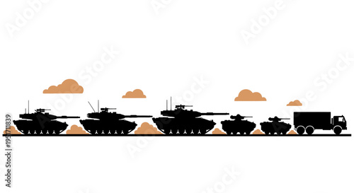 Military vehicles and tanks in a desert landscape with clouds