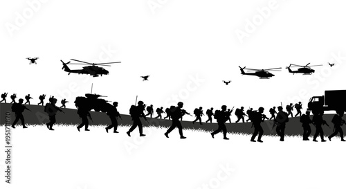 Silhouette of people running with military vehicles and helicopters overhead in a war zone scenario