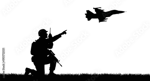 Soldier kneeling and pointing at flying military jet in silhouette with grassy field and white background evoking a sense of action and military operation