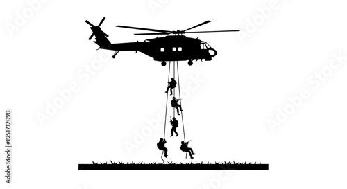 Military helicopter with soldiers rappelling down ropes in a tactical operation at night