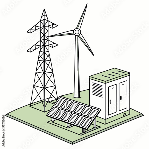 Solar panels and wind turbines on a green base power transmission tower