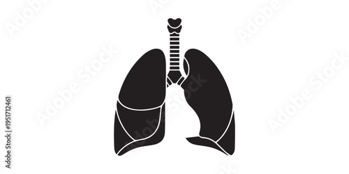 A stark black silhouette of human lungs and trachea against a white background representing respiratory system anatomy silhouette