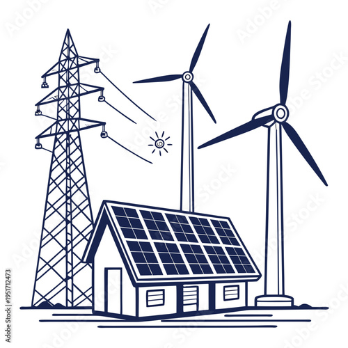 Solar panels and wind turbines generating electricity