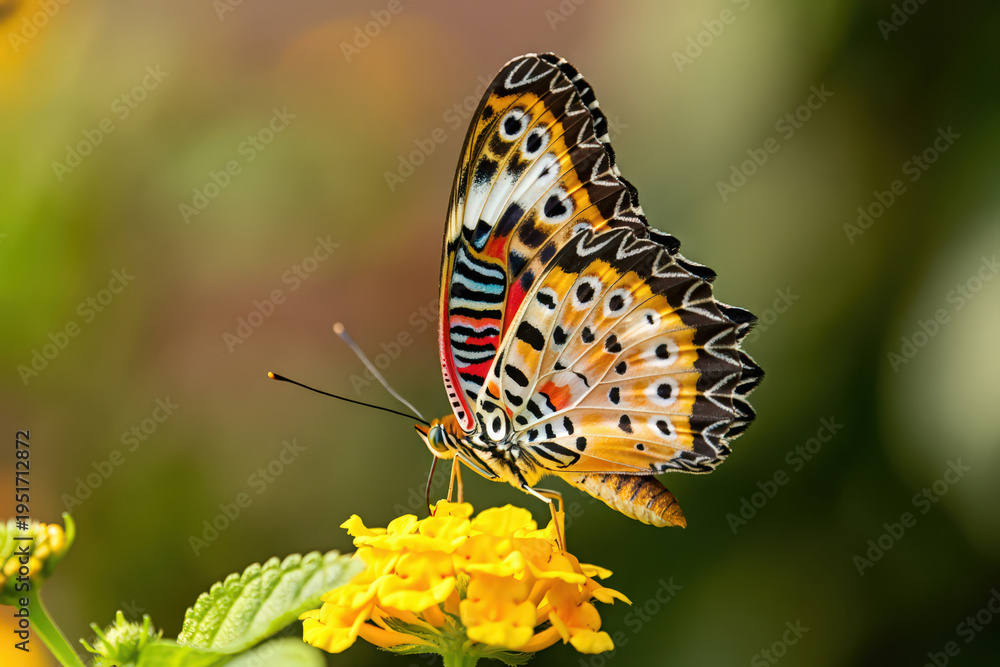 Obraz premium Exquisite Lacewing Butterfly Sipping Nectar from Vibrant Yellow Lantana Flowers in a Lush Garden Setting, Showcasing Nature's Delicate Beauty and Intricate Details