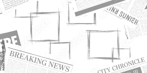 Newspaper clippings with breaking news and city chronicle headlines and abstract grey frames