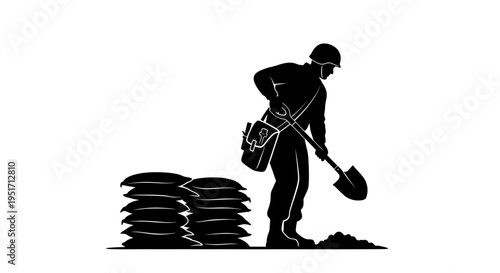 Man digging with shovel carrying tool bag piles of dirt construction work laborer worker digging activity