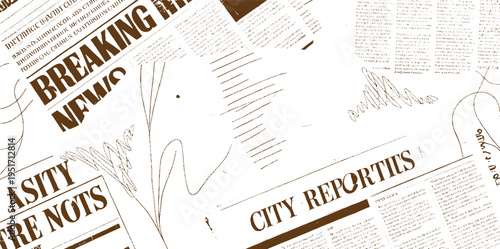 Brown ink breaking news and city reports on white newspaper pages with scribbled lines