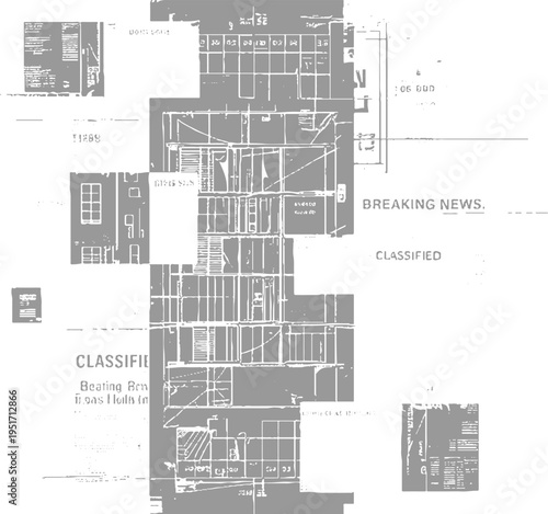 Fragmented newspaper layout with classified ads and breaking news text in grayscale