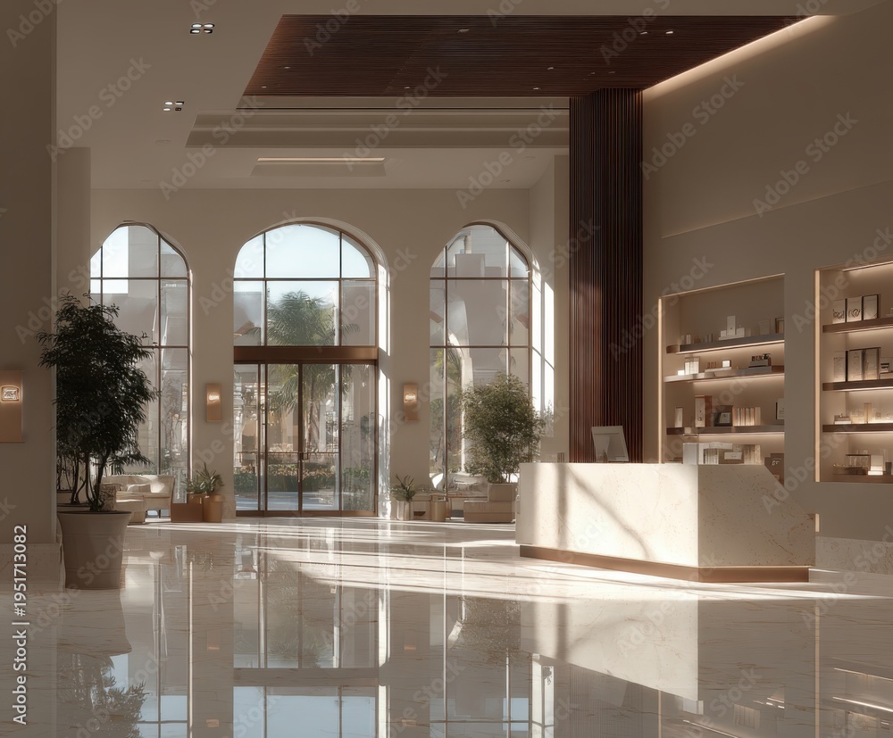 Fototapeta premium Elegant Hotel Lobby with Reception Desk, Arched Windows, and Polished Marble Floor in Beige Tones