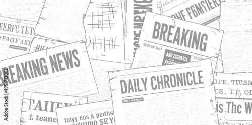 Overlapping newspaper pages with bold headlines like Breaking News and Daily Chronicle in grayscale