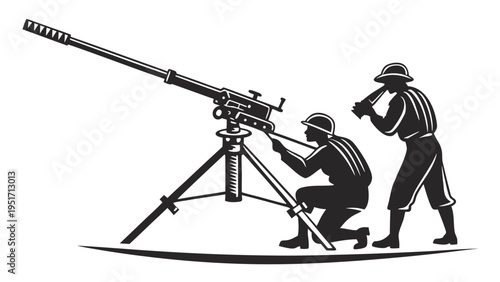 Soldiers operating anti aircraft gun crew silhouette illustration