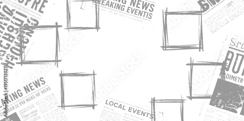 Vintage newspaper clippings with grey borders and headlines like breaking news and local events