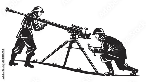 Soldiers operating anti aircraft gun crew in silhouette illustration