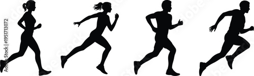 WebRunning silhouettes, jogging to sprint, male and female athletes, fitness exercise, sports training, human motion, speed posture, vector illustration, black silhouette, isolated