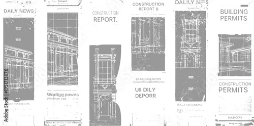 Newspaper clippings with architectural and text headlines like Daily News Construction Report Building Permits