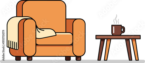 Cozy living room scene with armchair and steaming coffee mug on side table