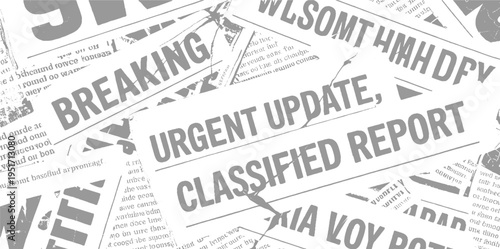 Urgent update classified report breaking news headline text overlay on newspaper background