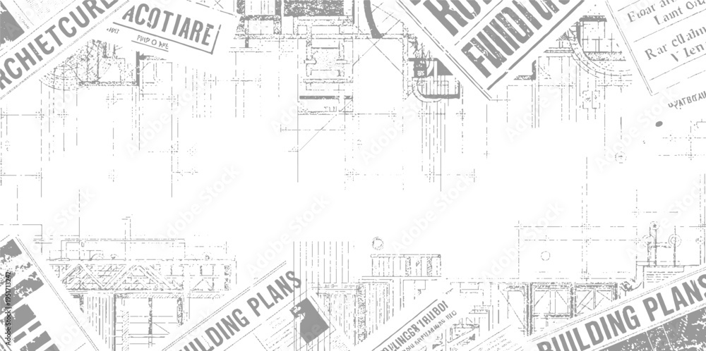 Fototapeta premium Architectural blueprints and newspaper clippings with text about building plans and architecture construction