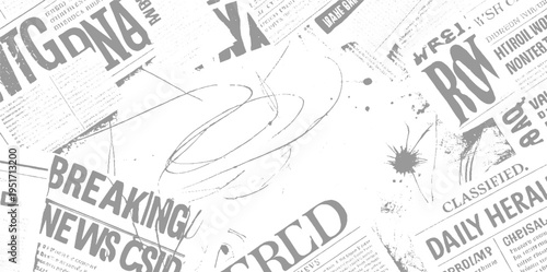 Overlapping Newspaper Headlines and Text with Scribbled Lines and Splatters print vintage