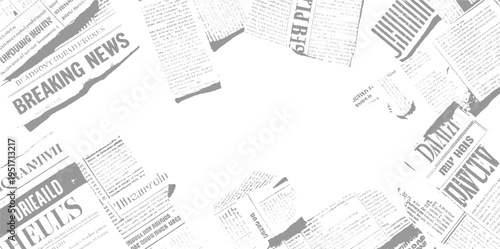Overlapping grey newspaper clippings with headlines and text on white background breaking