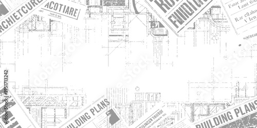 Architectural blueprints and newspaper clippings with text about building plans and architecture construction