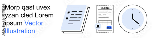 Business operations, time management, invoice tracking, payment systems, document handling, deadlines. Includes document stack, invoice with payment reminder and clock. Business operations and time
