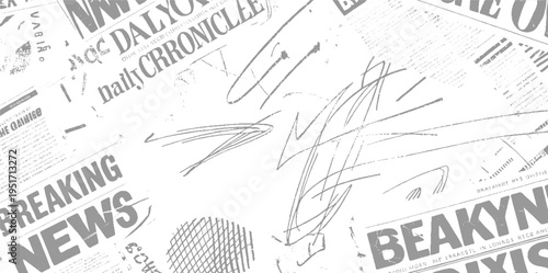 Gray Newspaper Headlines and Scribbles Overlay on White Background breaking chronicle