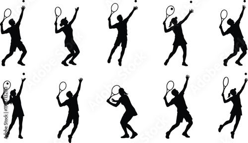 Dynamic silhouettes of tennis players serving and hitting shots with rackets, showcasing athletic motion and competitive sports energy